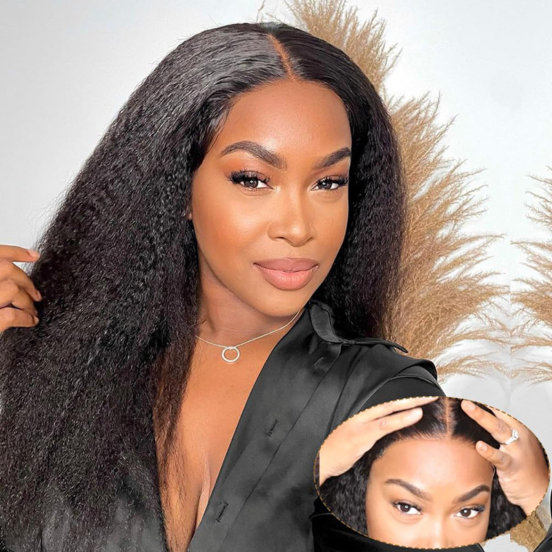 Front lace non adhesive wig, human hair, Yaki straight glue wig, human hair