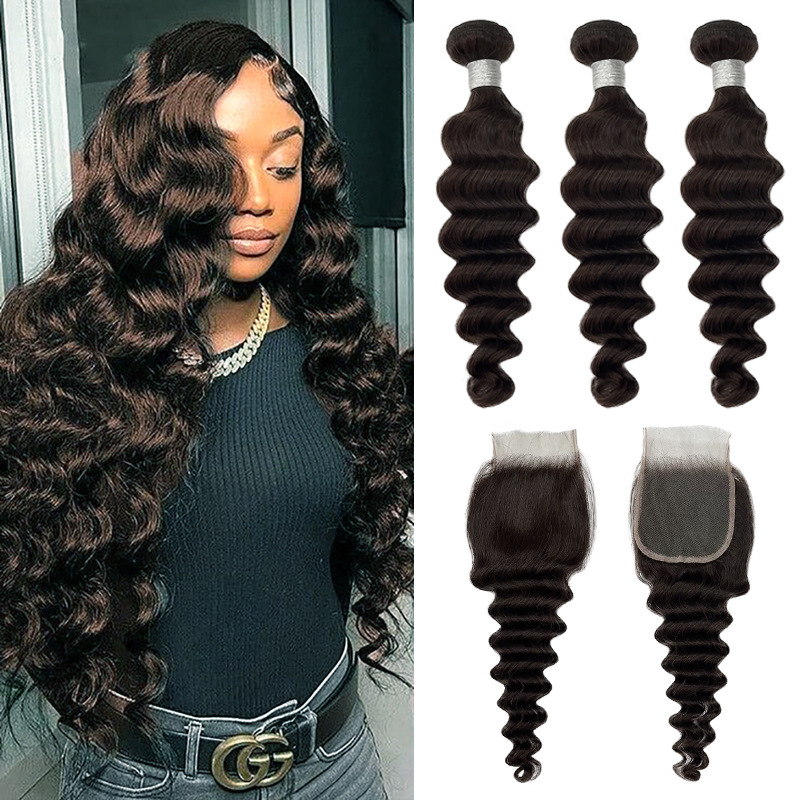 Xuchang real hair wig hair curtain hair block # 2 brown loose deep bundle human hair