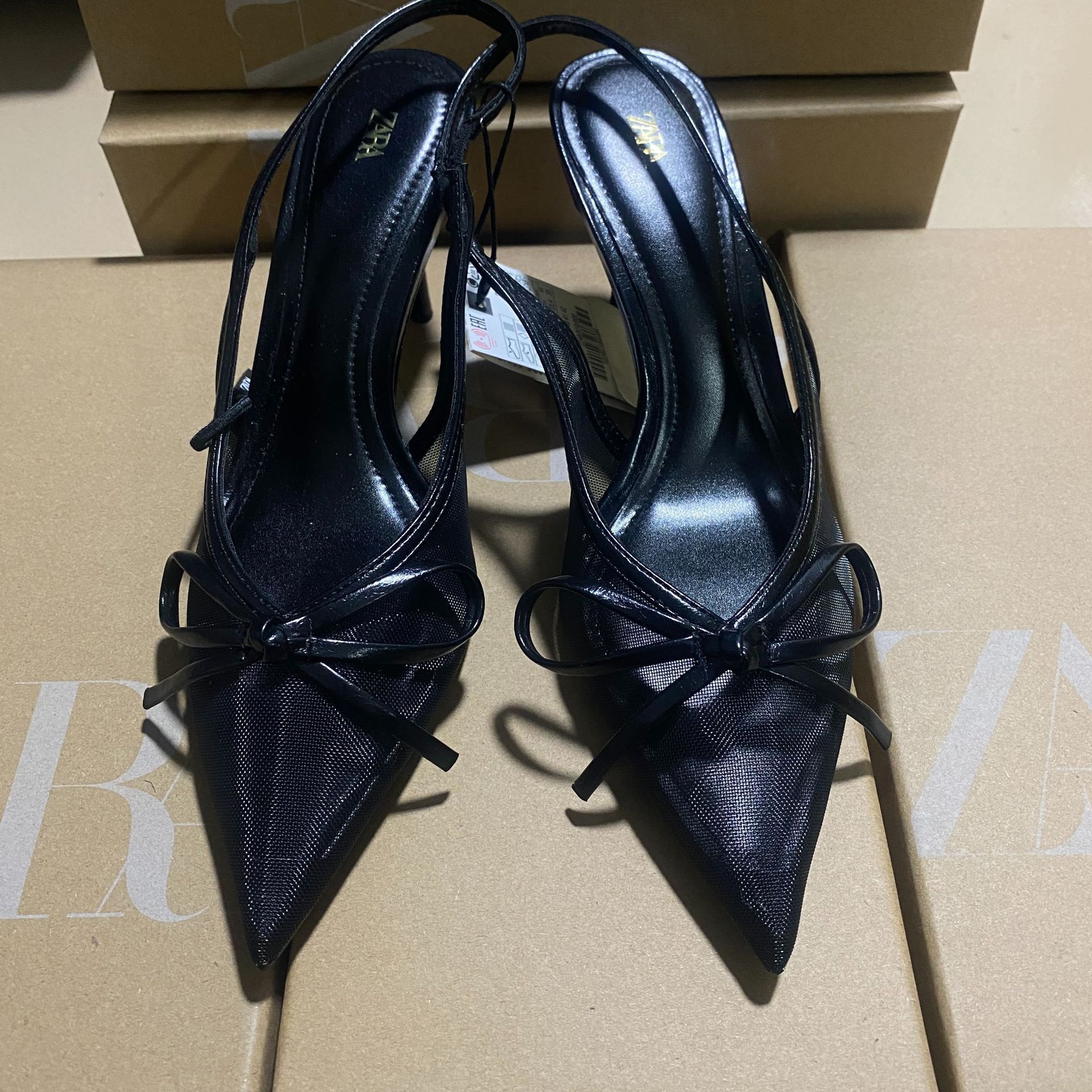 ZA Women's Shoes 2025 Spring Black French Single Shoe Pointed Perspective Mesh Butterfly Bow Style Stiletto Sandals for Women
