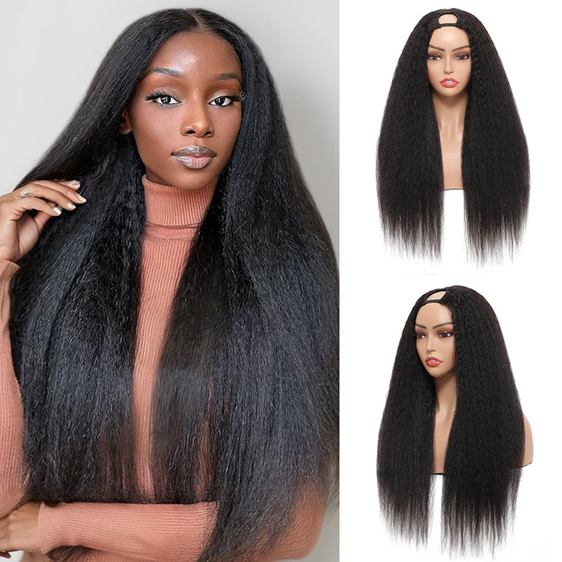 Cross border African real hair wig U part yaki straight mechanism headband human hair