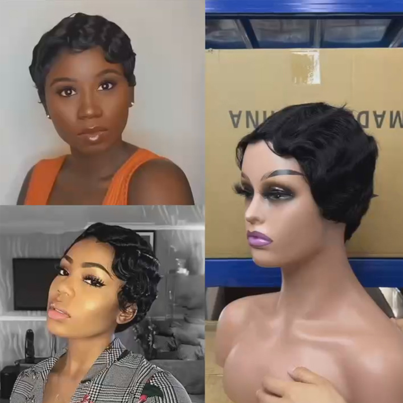 Wig Full Headset Female Hair Shanghai Retro Hair Wig Short Curly Hair Human Hair Pixie Wig