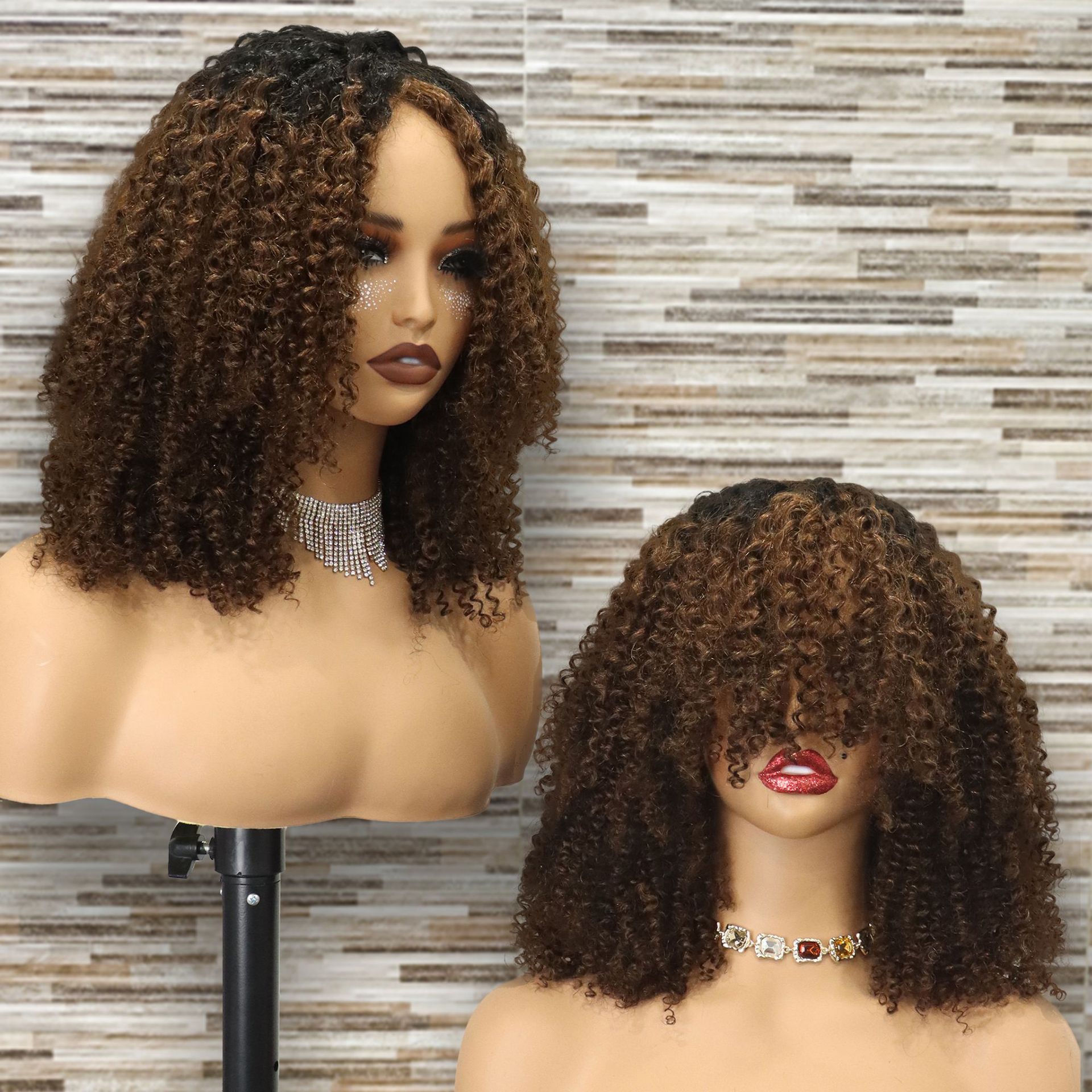High weight mechanism 14Inch 350% Bang Bob Kinky Curly real hair wig headband