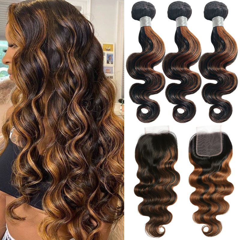 Cross border hot selling wig highlights p1b/30 body human hair, real hair, hair curtain, hair block