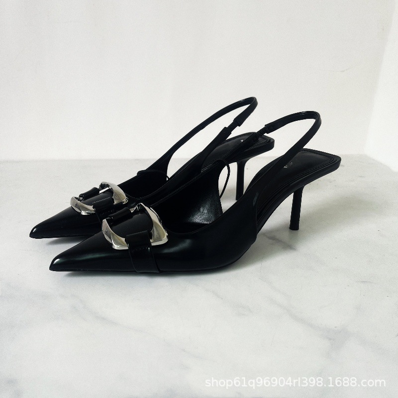 Zar2024 Autumn/Winter New Product: Black Metal Ornament with Exposed Heels and Pointed Mouller High Heels 2272533510