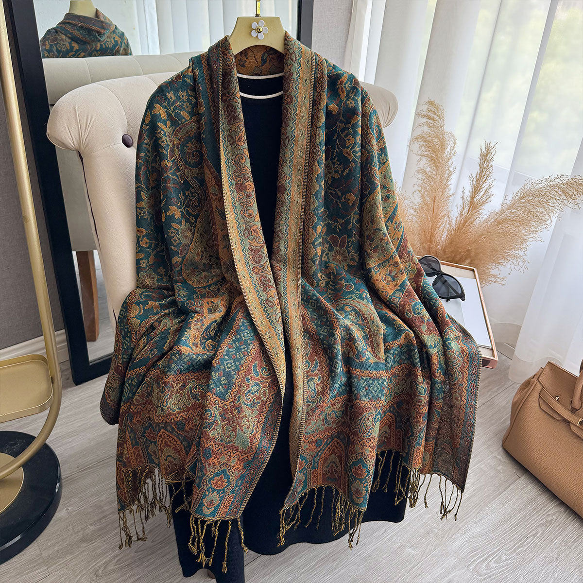 Classic ethnic style popular cashew print hanging beard tassel long scarf women's national style imitation cashmere scarf elegant shawl