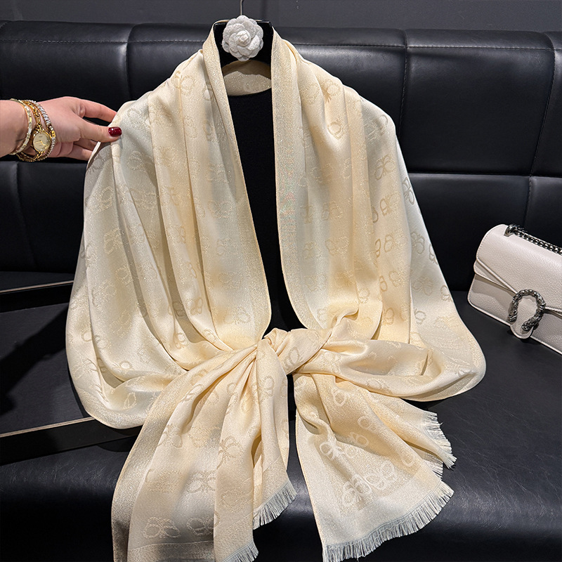 2025 New Simulated Silk Fashion Elegant Advanced Long Scarf Short Beard Shawl Long Scarf Tencel Cotton Gold Silk Scarf