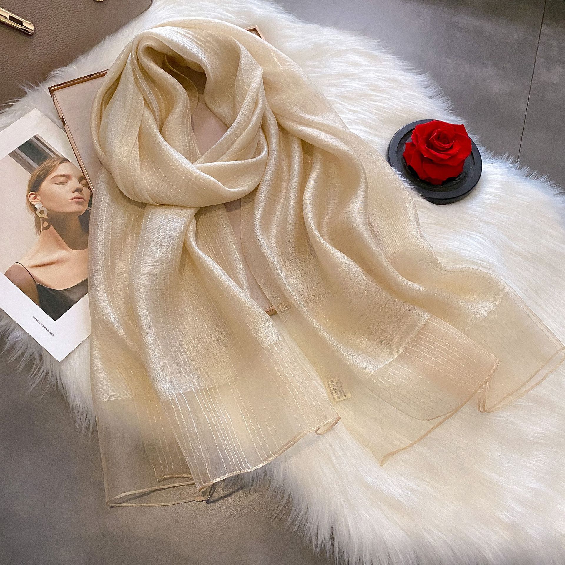 2023 Spring/Summer Mulberry Silk Scarf Sunscreen Shawl Women's Double layered Color Contrast Gold Silk Tassel Silk Scarf Long Scarf