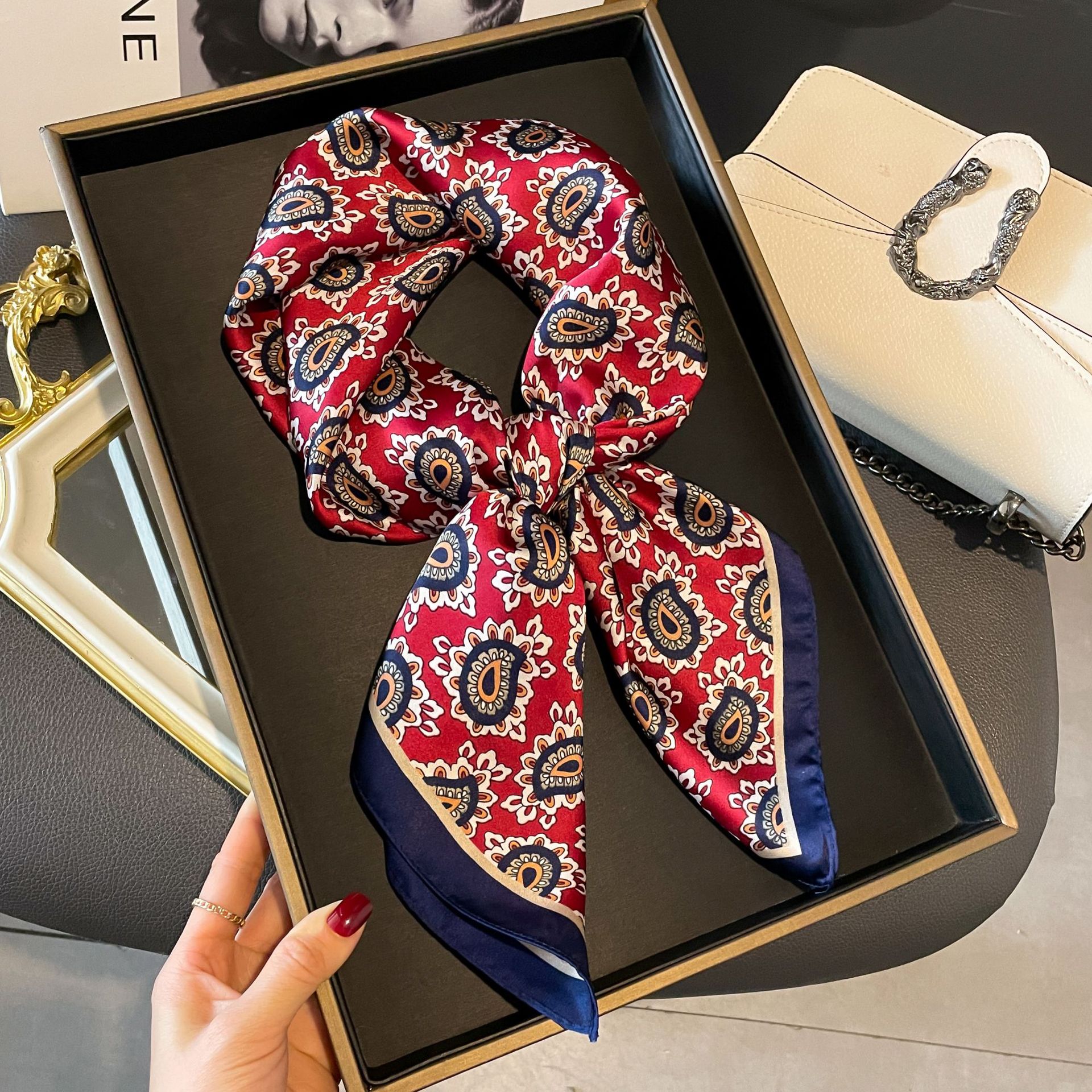 Scarf Women's New Simulated Silk 70 Small Square Scarf High end Korean Edition Decorative Versatile Professional Scarf Printed Scarf