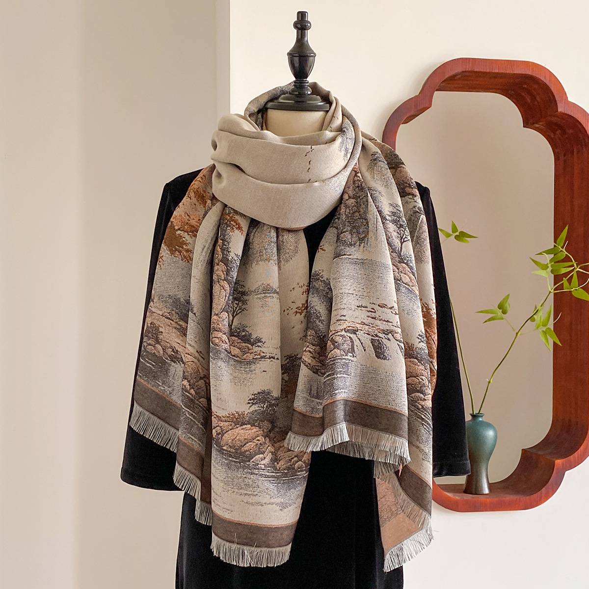 New landscape oil painting for autumn and winter, long and thin Chinese style scarf, women's air-conditioned room imitation cashmere shawl scarf