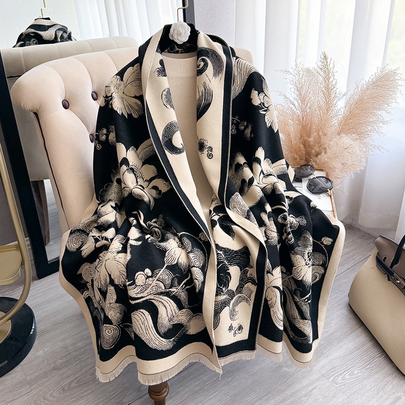 2024 new printed forest style contrasting color autumn and winter double-sided imitation cashmere scarf, winter high-end warm shawl for women