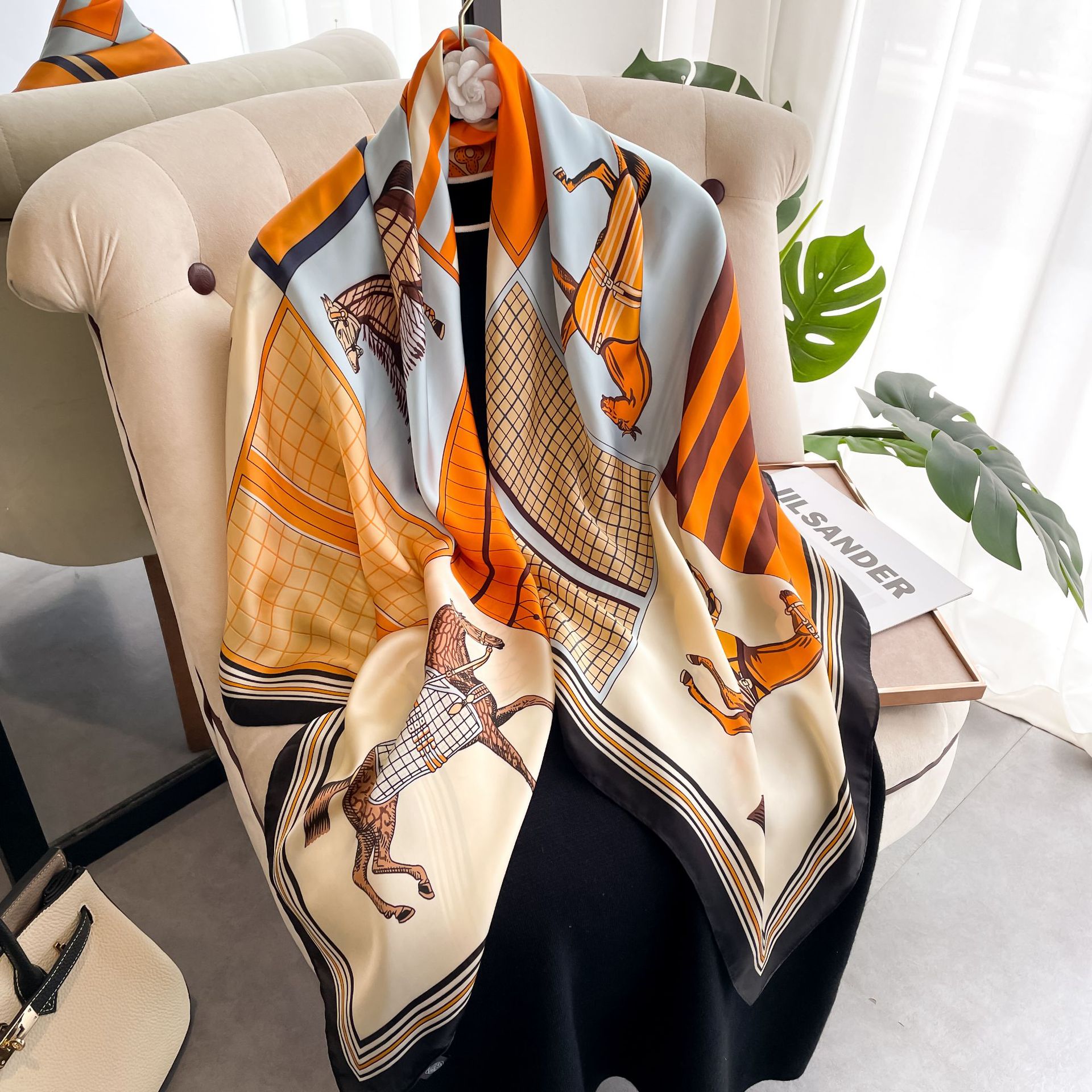 2022 New Retro Carriage Pattern Simulated Silk Scarf Long Style Western Spring and Autumn Square Scarf Sunscreen Fashion Shawl in Stock