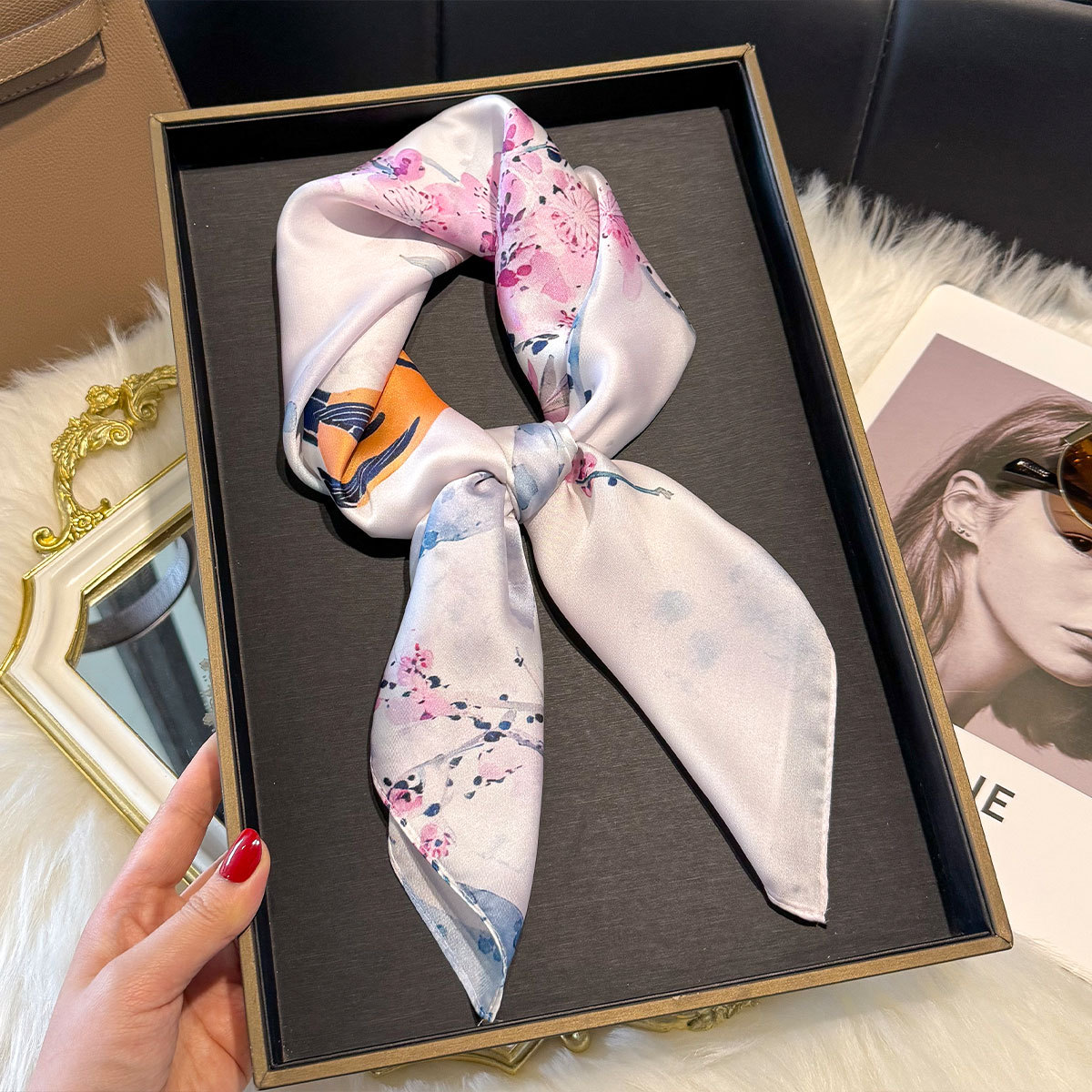 70cm silk scarf for women cross-border new style French elegant floral print scarf, small square scarf with headscarf wholesale