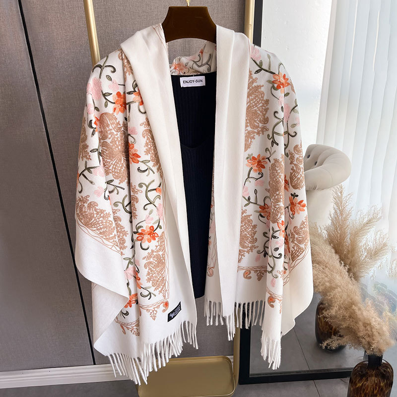 Ethnic style new imitation cashmere embroidered tassel scarf for women's autumn and winter warm double-sided scarf, air conditioning blanket shawl