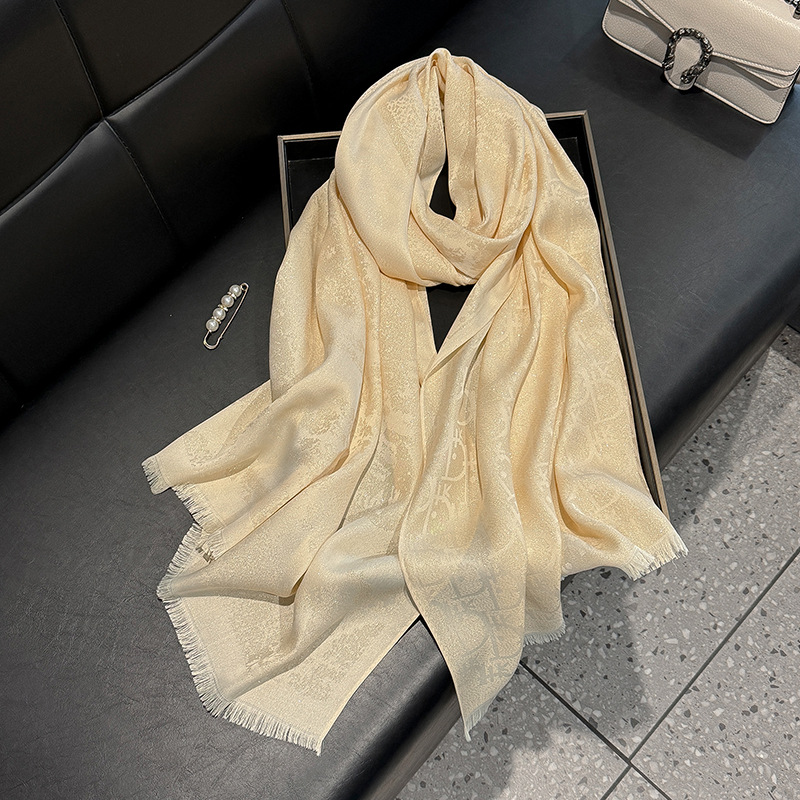2025 New Simulated Silk Fashion Elegant Advanced Long Scarf Short Beard Shawl Long Scarf Tencel Cotton Gold Silk Scarf