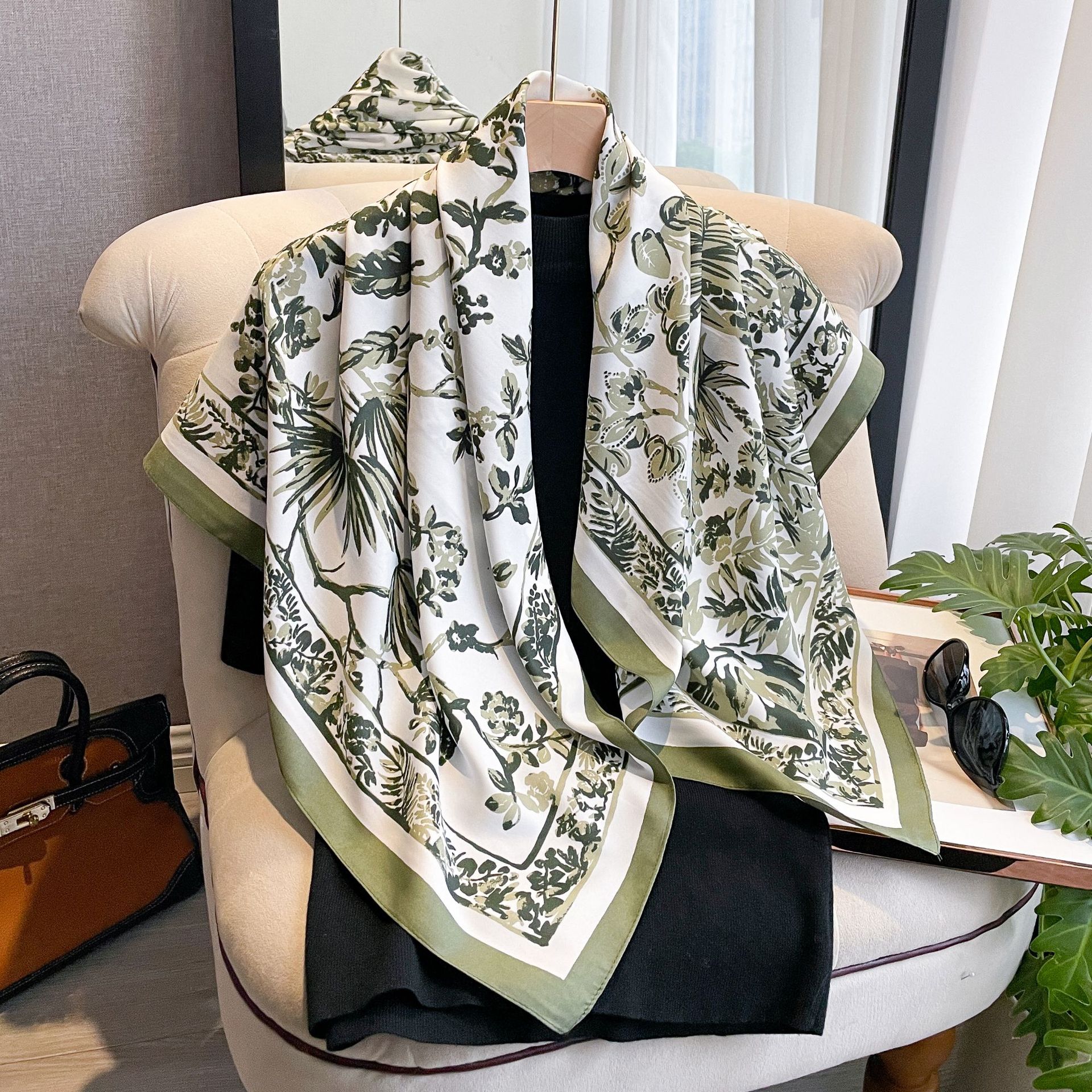 Simulated silk small square scarf women's scarf spring and summer new fashion twill printed silk scarf sunscreen beach towel sunscreen