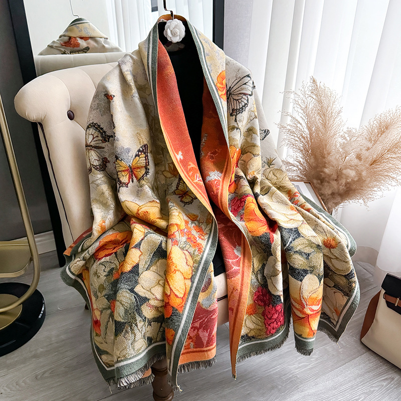 2024 New Butterfly Imitation Cashmere Thickened High End Gift Warm Neck and Big Shawl for Women's Autumn and Winter Wear