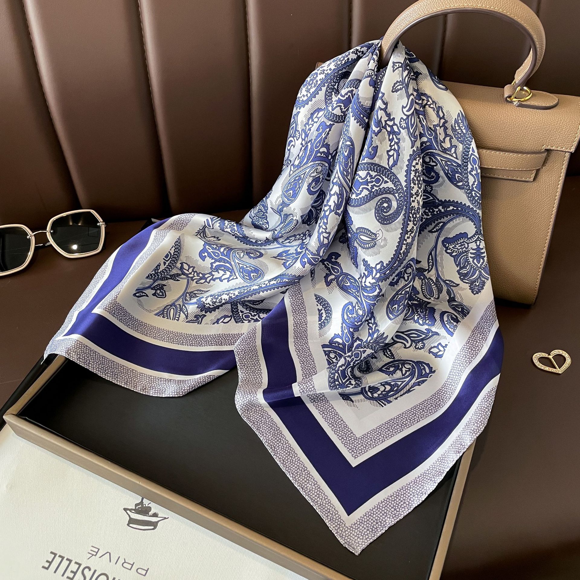 New 70cm Korean plant flower satin square scarf, silk scarf, women's decorative small shawl scarf, neck scarf