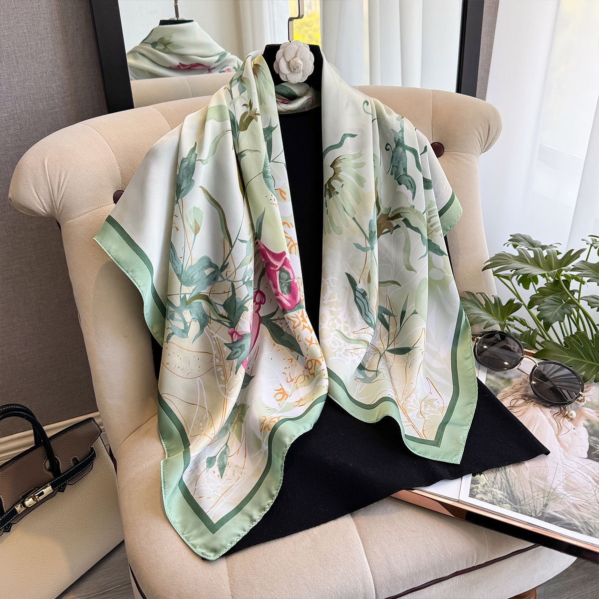 Fashion Light Luxury 90cm Simulated Silk Scarf Japanese and Korean Simple Square Scarf Ins Style Multi Style Shawl Scarf Wholesale