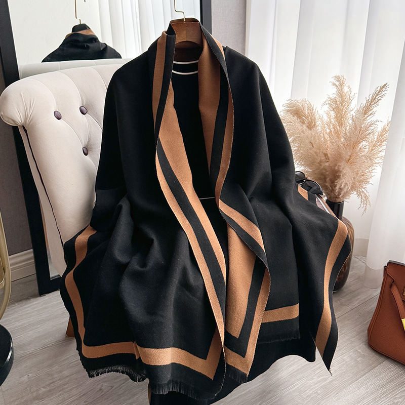 Autumn and winter simple plain color soft thick imitation cashmere scarf for women elegant and versatile double-sided contrasting shawl scarf