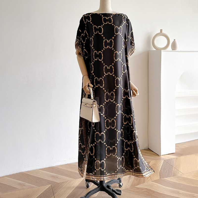 Cross border Foreign Trade Women's 2024 New One Word Neck Bat Sleeve Printed Loose Large Size Dress Robe African Ethnicity