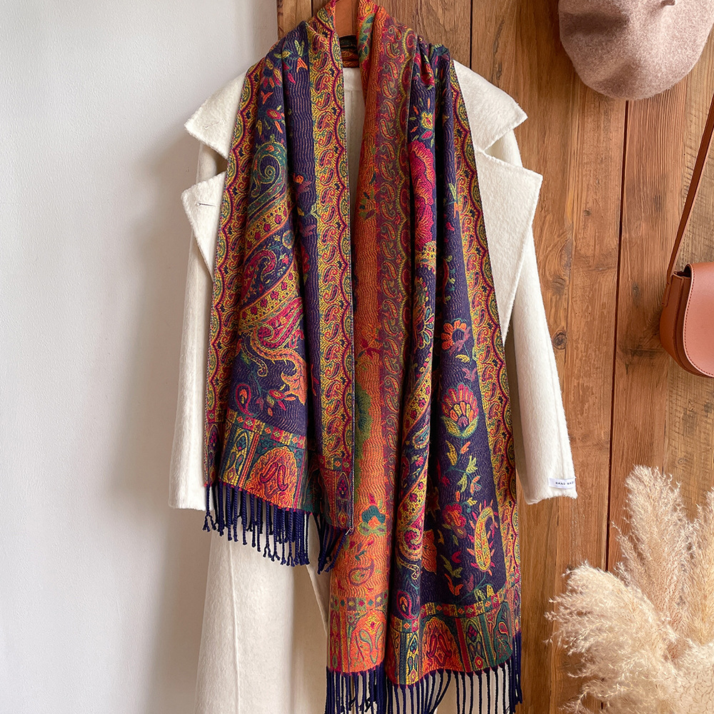 Ethnic style jacquard waist fruit flower tourist scarf, women's jacquard tassel scarf, thick and extra long cape shawl wholesale