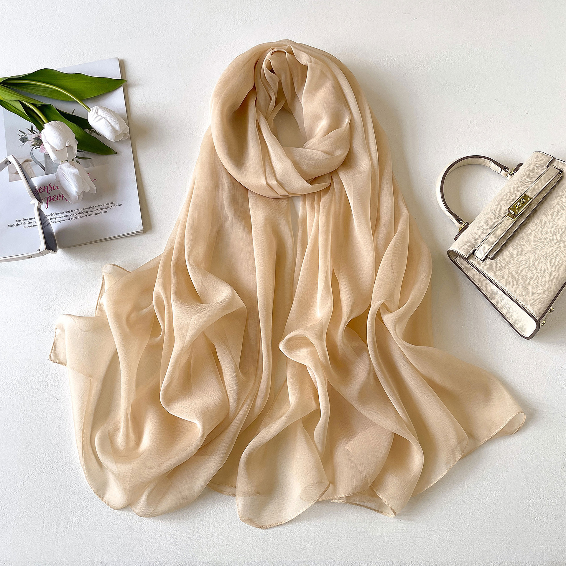New Solid Color Versatile Soft Yarn Scarf for Women, Imitation Silk Korean Edition Silk Scarf for Women, Summer Sunscreen Shawl Imitation Beach Scarf