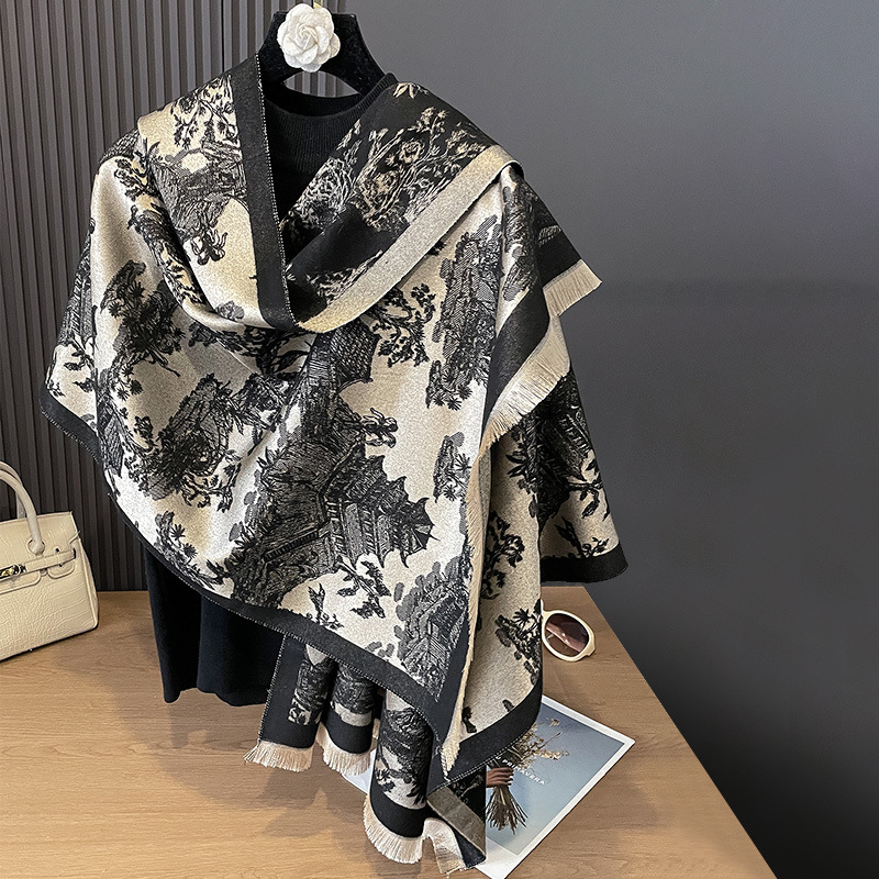 Autumn and winter new double-sided imitation cashmere ancient style plant forest elegant thick warm scarf air-conditioned room neck protection shawl