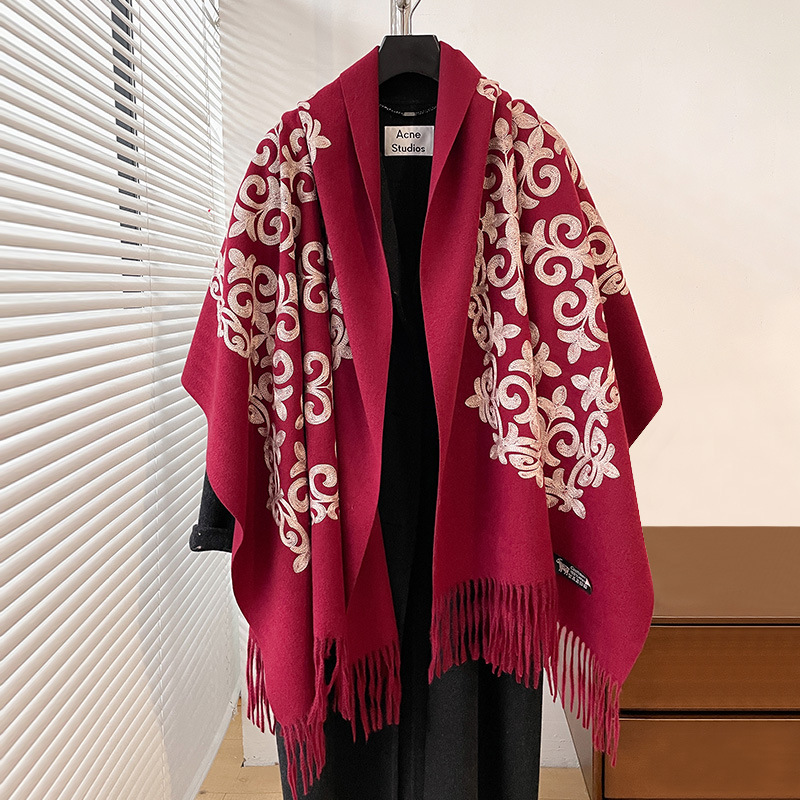 2024 Autumn/Winter New Artistic Retro Ethnic Style Imitation Cashmere Embroidered Women's Warm Scarf with Versatile and Fashionable Design