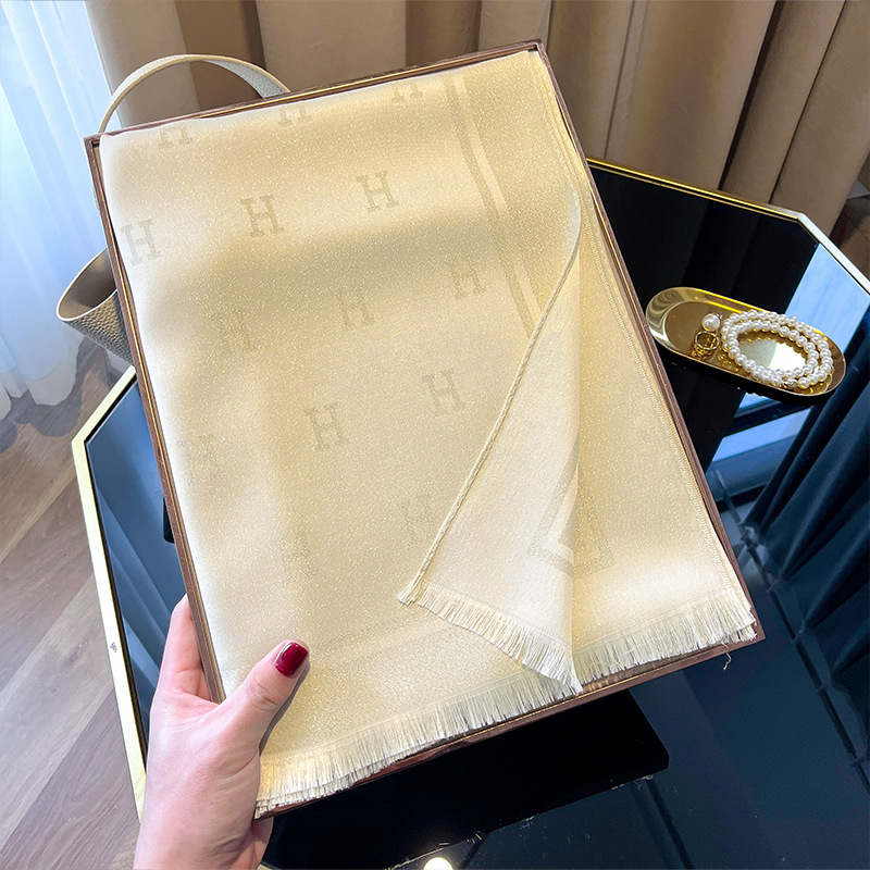 2025 New H-letter Imitation Silk Scarf, Simple, Fashionable, Versatile, Suitable for Shawl, Tencel Cotton Scarf, Neck, Foreign Trade