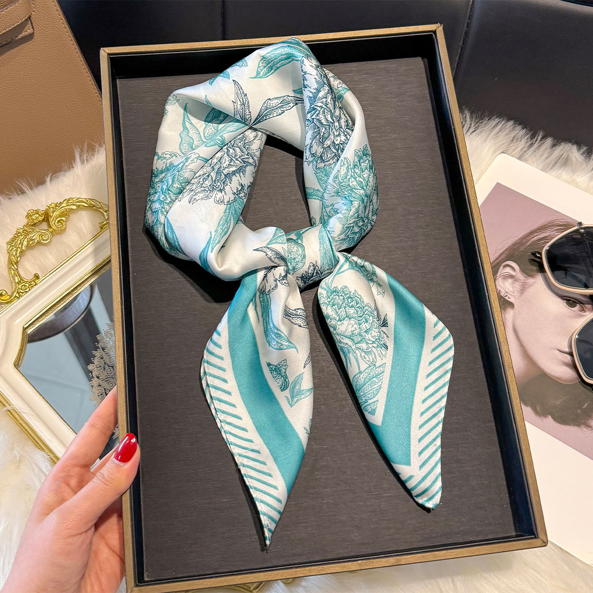 Spring New Small Silk Scarf Korean Version Simulated Silk Scarf Women's Retro Decorative Square Scarf Small Scarf Binding Bag Ribbon Wholesale