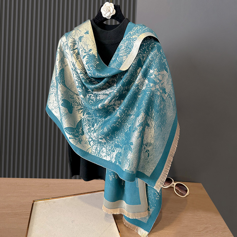 Autumn and winter double-sided imitation cashmere ink butterfly dancing elegant thick warm scarf, air-conditioned room neck protection shawl for external use