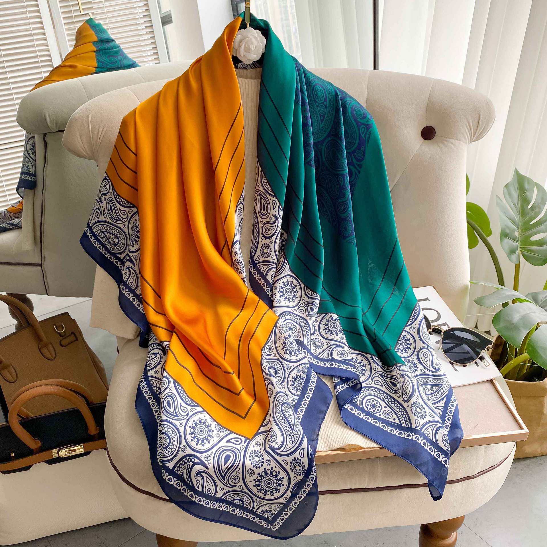 New Silk Scarf for Women's Summer Sunscreen Printing Imitation Silk Scarf Shawl New Silk Satin Beach Scarf Sunscreen 110 Square Scarf
