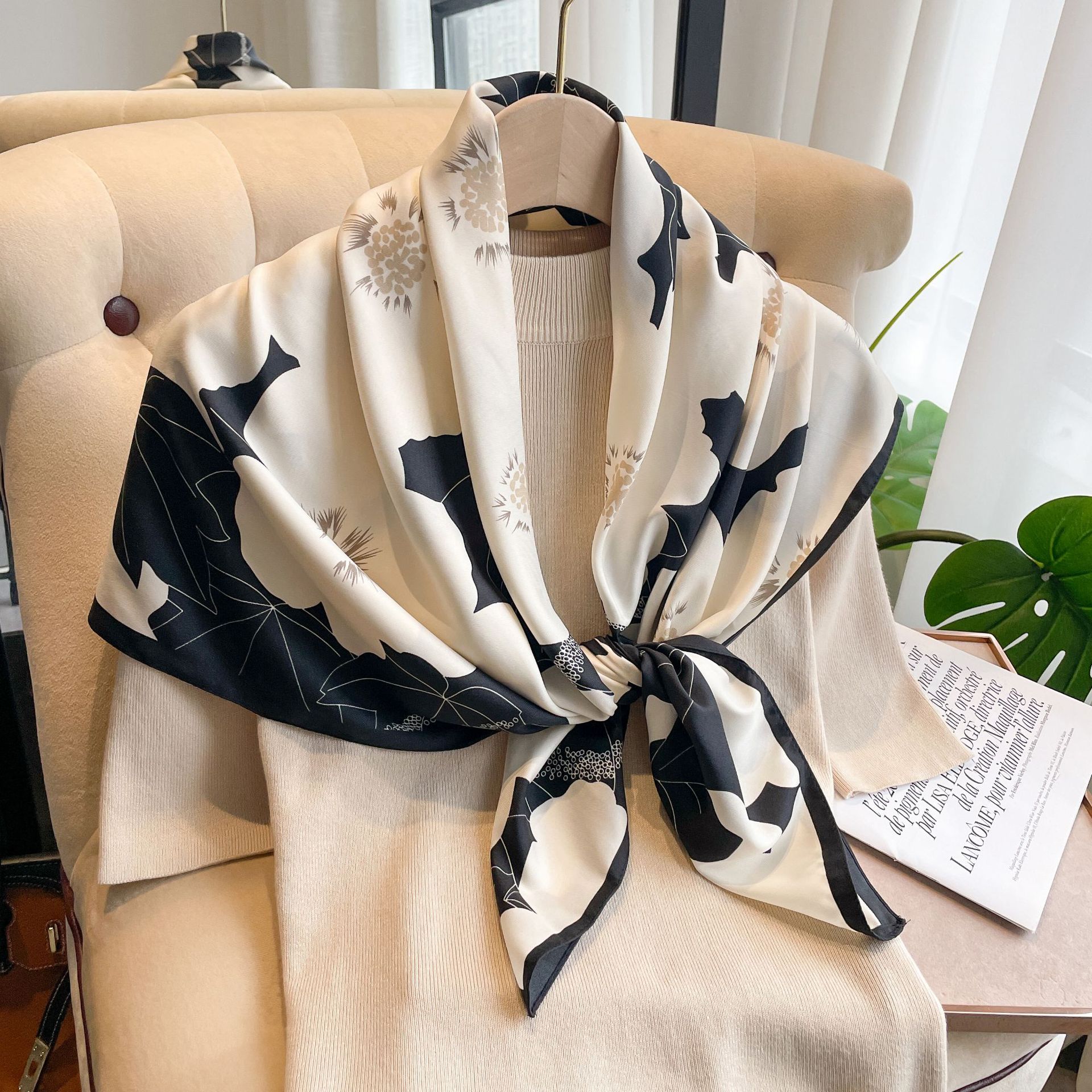 New simulation silk scarf essential for spring and summer 90 square scarf fashionable and simple silk scarf large square scarf for women with multiple styles