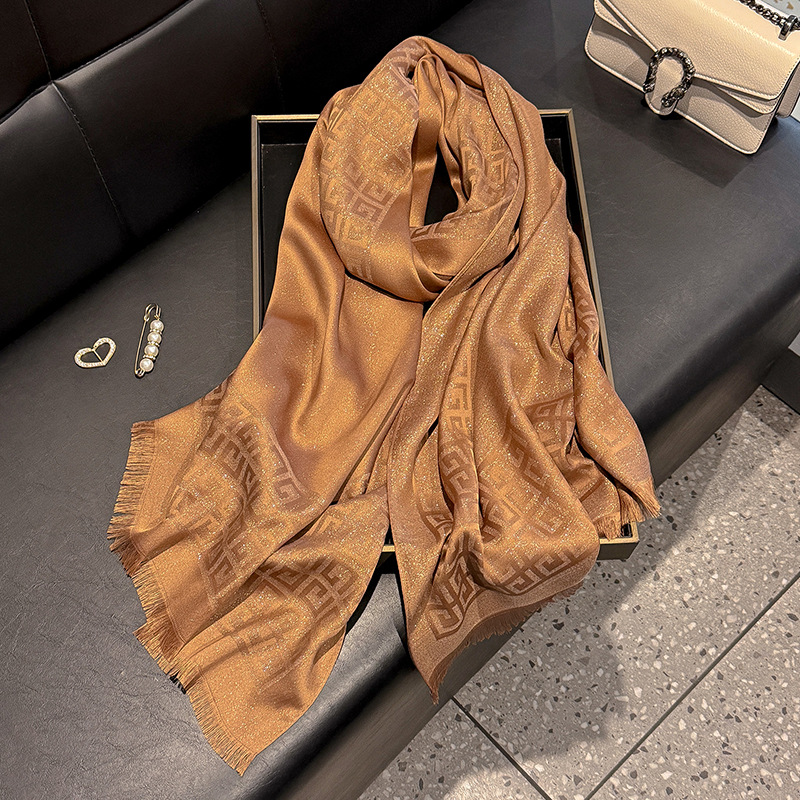 New Long Scarf Fashion Simulation Silk Scarf Women's Fashion Versatile Scarf Can Shawl Dustproof High Grade Tencel Cotton Gold Wire