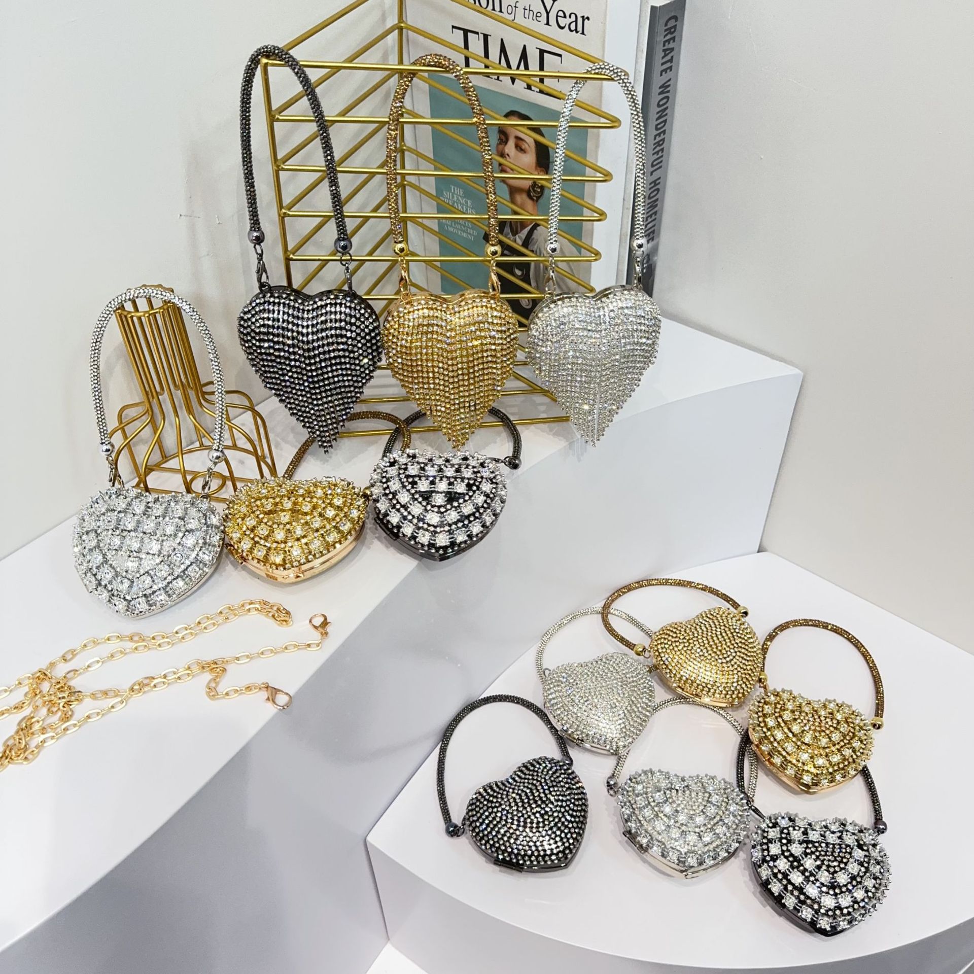 2024 New Cross border Foreign Trade Fashion Mini Bag with Tassel and Diamond Inlaid Children's Bag, Love Chain, Evening Cross Shoulder Women's Bag