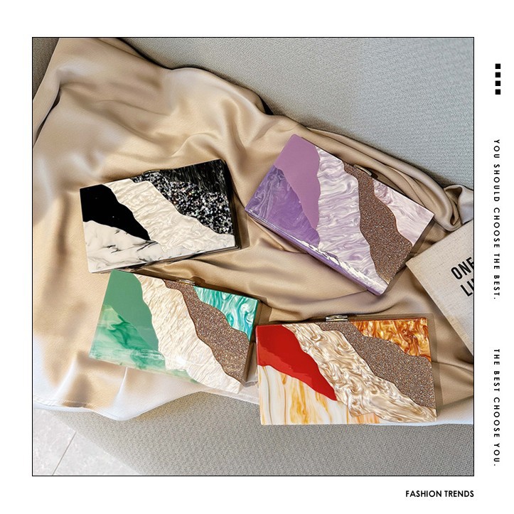 Cross border foreign trade women's new color blocked splicing acrylic bag, banquet bag, single shoulder diagonal cross wedding banquet handbag