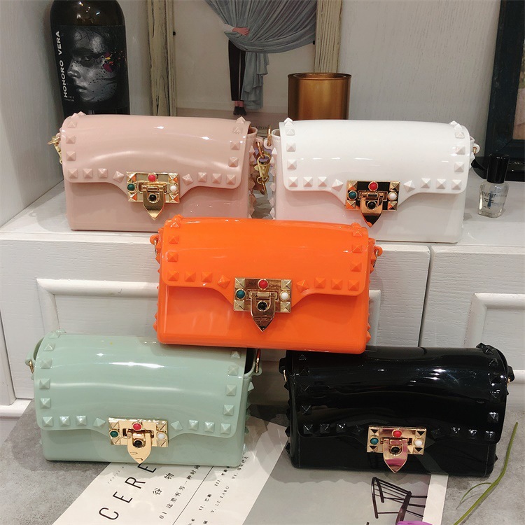 2025 Summer New Macaron Jelly Bag PVC Rivet Drill Mini Small Square Bag Diagonal Cross Seaside Shoulder Bag