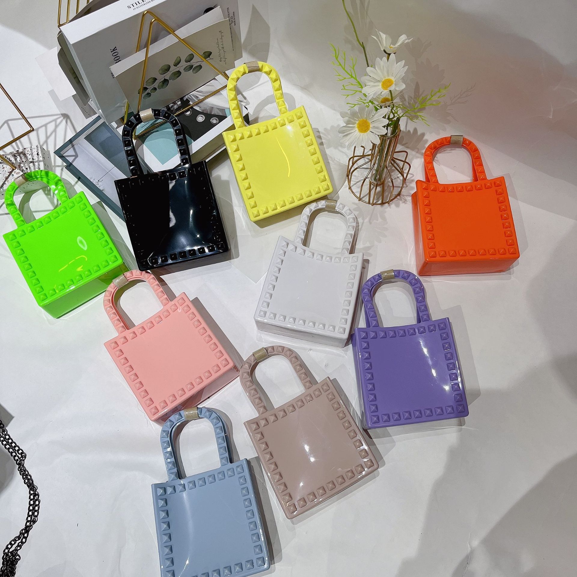 2025 Summer Cross border New PVC Jelly Women's Bag Mini Fashion Rivet Small Square Bag Single Shoulder Diagonal Cross Wrist Bag