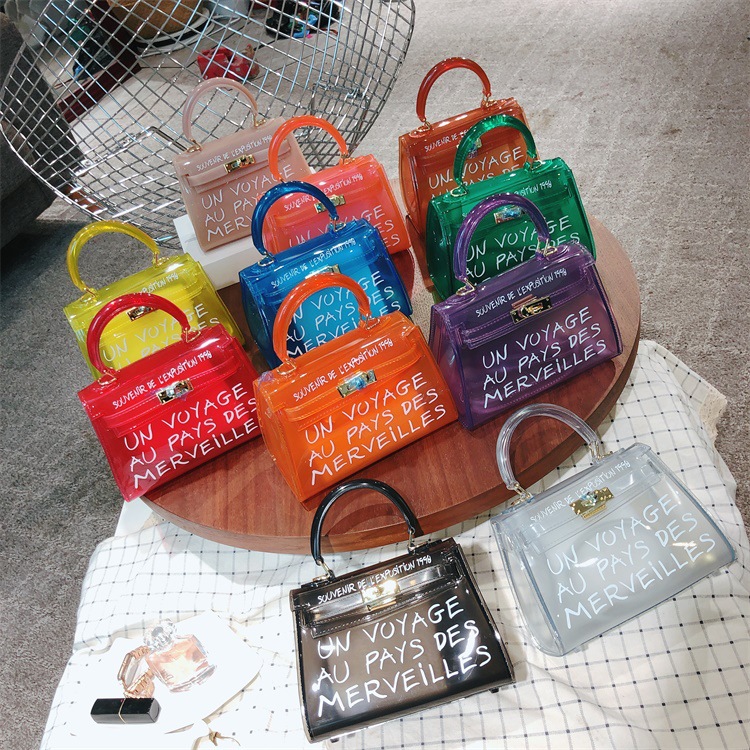 2025 Korean version semi transparent PVC jelly bag, high temperature setting lock letter bag, hand-held Kelly bag, single shoulder hand-held