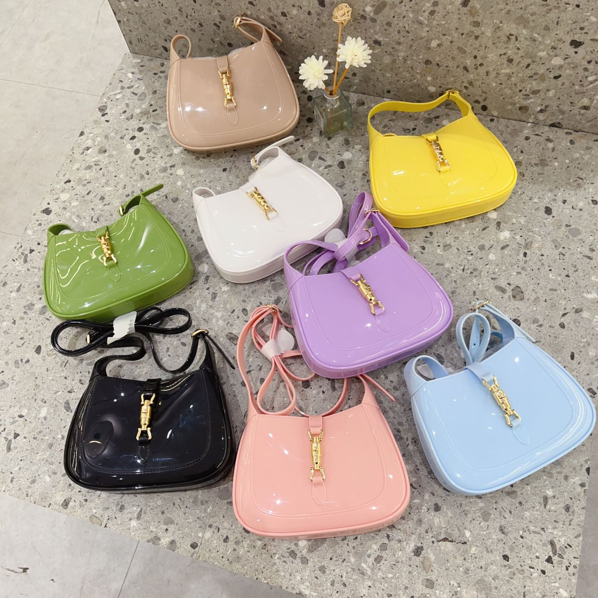 2025 New PVC Single Shoulder Women's Small Bag Candy Color Handheld Crossbody Trendy Fashion Casual Lock Bag