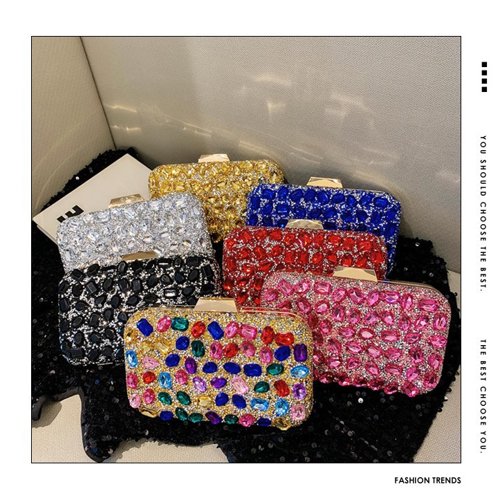 New Cross border Full Diamond Shining Bag with Diamond Inlaid Handheld Bag, Banquet Bag, Wedding Banquet Bag, Party Bag, Small Square Bag, Women's Bag