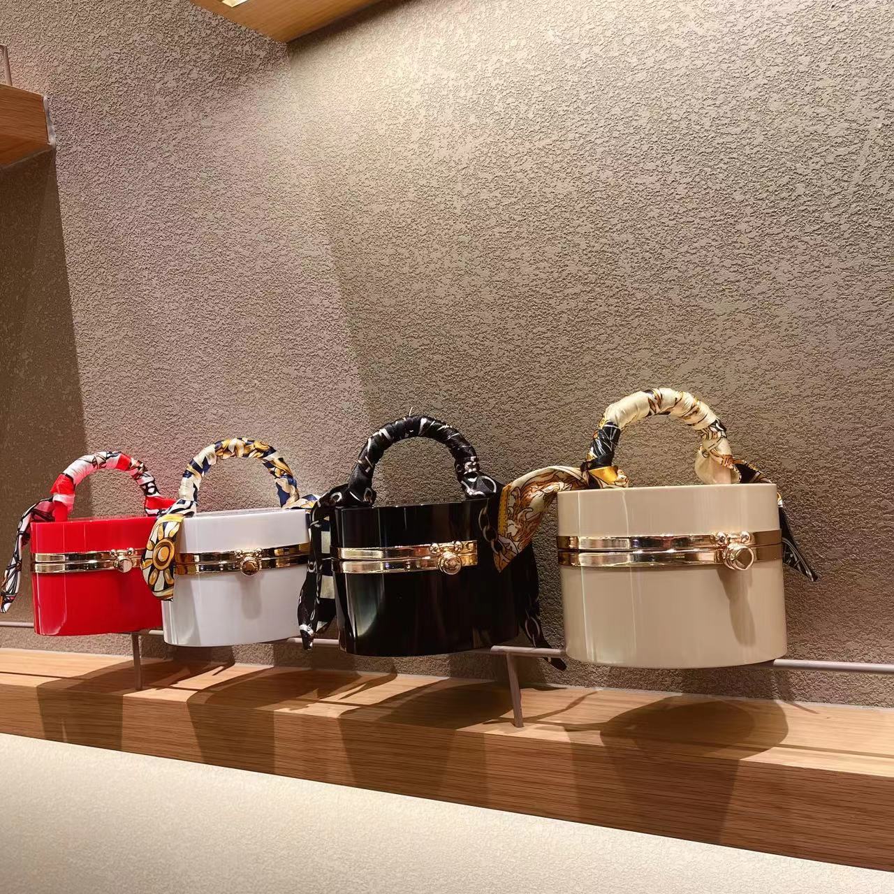 2025 New Women's Bag Trendy Fashion Candy Color Acrylic Bag Handheld Silk Scarf Lock Banquet Bag Box Bag