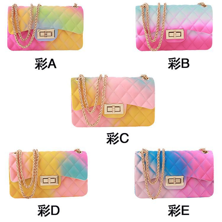 Clearance gradient graffiti colored jelly bag, diamond grid chain bag, foreign trade small square bag, shoulder bag, diagonal cross bag