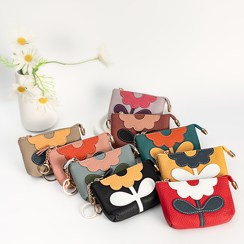 Japanese and Korean Creative Zero Wallet Coin Cap Layer Leather Keyring Card Pack Leather Mini Flower Contrast Mouth Red Envelope