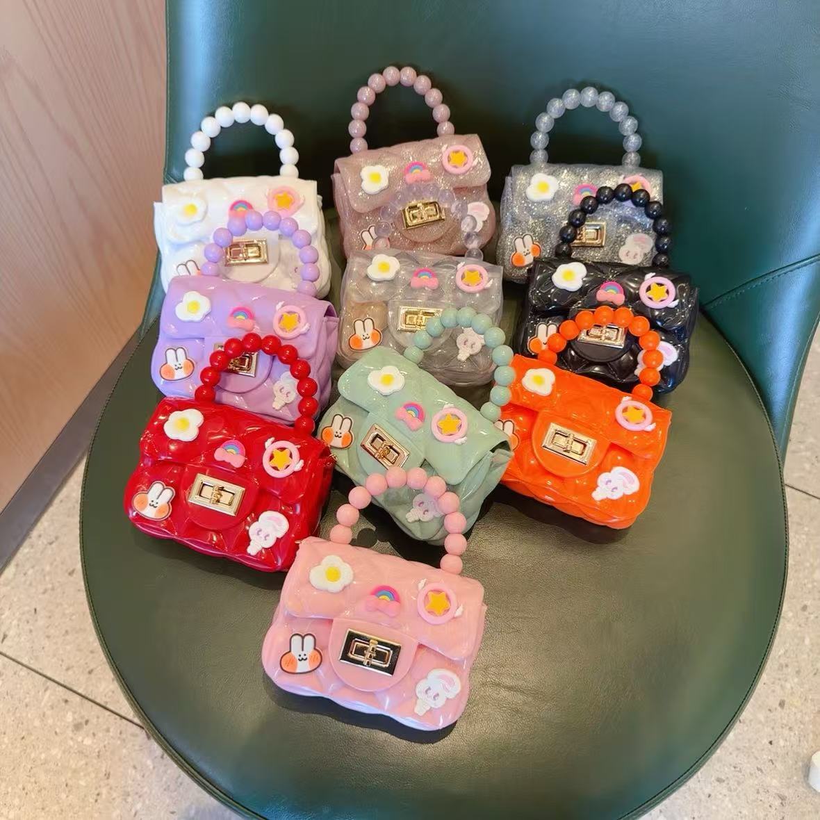 Cute cartoon jelly bag for children, silicone coin purse for girls, crossbody bag, mini pearl handbag for girls