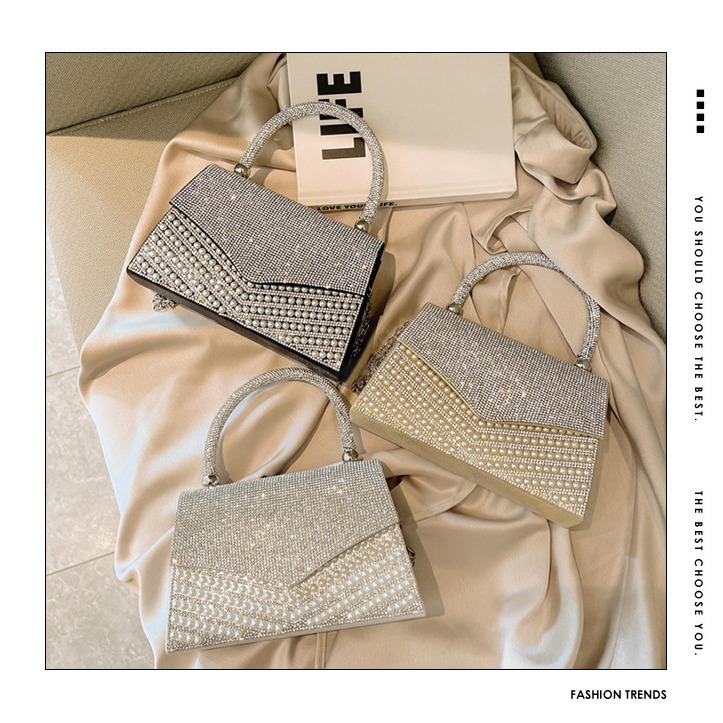 2025 Summer New Fashion Women's Pearl Evening Dress Bag, European and American Water Diamond Pearl Banquet Bag, Handbag, Diagonal Cross Bag