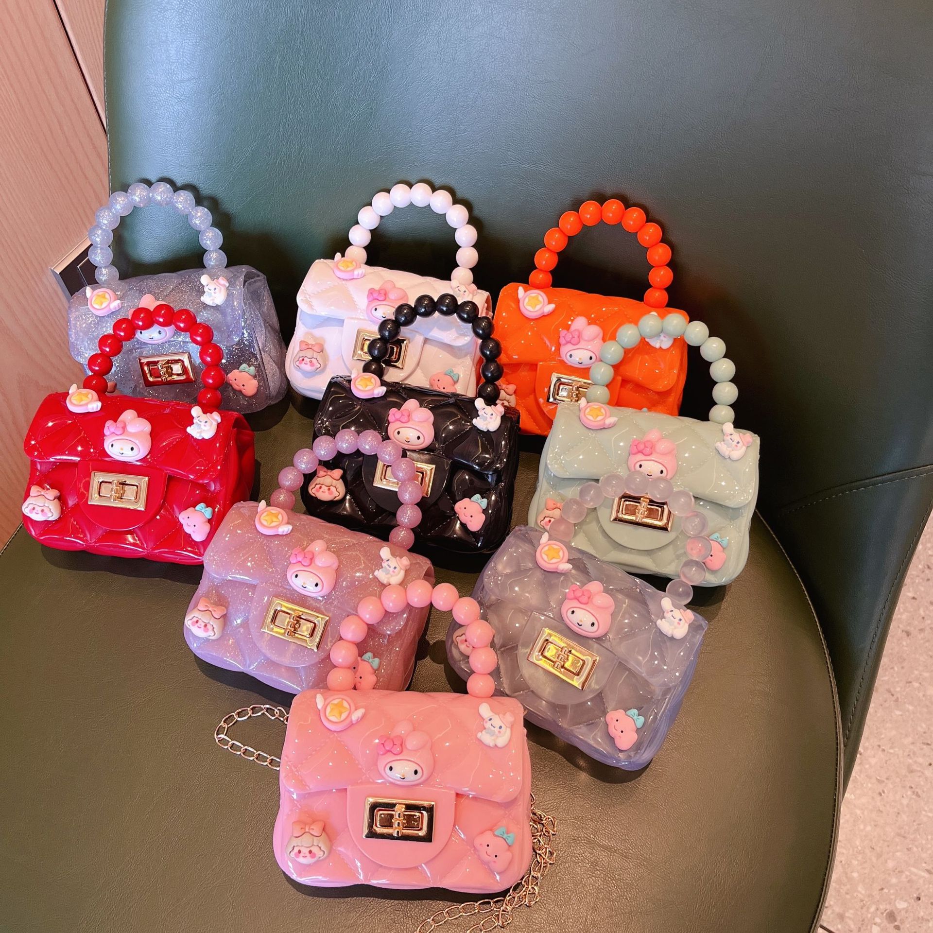 Cute cartoon jelly bag for children, silicone coin purse for girls, crossbody bag, mini pearl handbag for girls