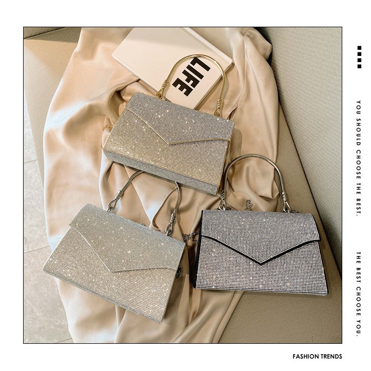 2025 Summer New Cross border Full Diamond Banquet Bag Fashionable and Versatile Handheld Small Square Bag Light Luxury Single Shoulder Crossbody Bag