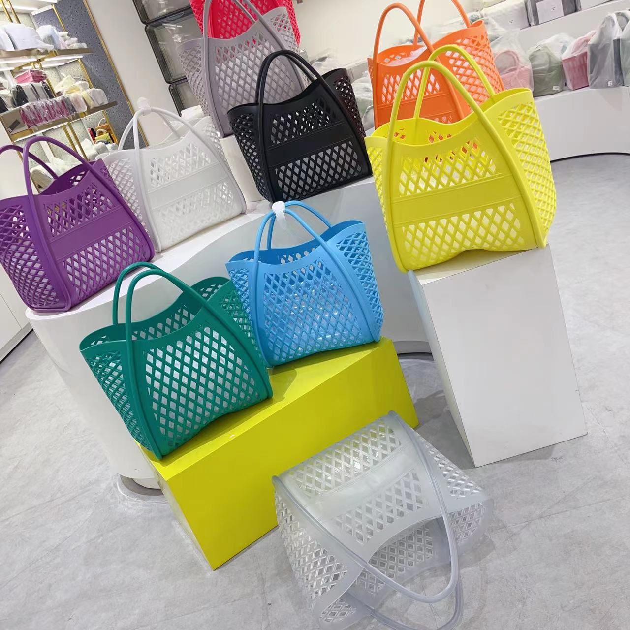 Jelly bag, handbag, silicone hollow vegetable basket bag, picnic bag, shopping basket, PVC beach bag, wash basket, bath bag