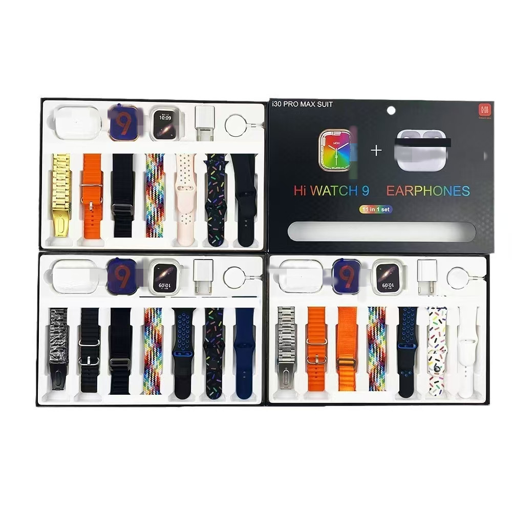 New i30 PRO MAX SUIT 11 in 1 Smart Watch Set Bluetooth Earphones Charging Head 7 Straps